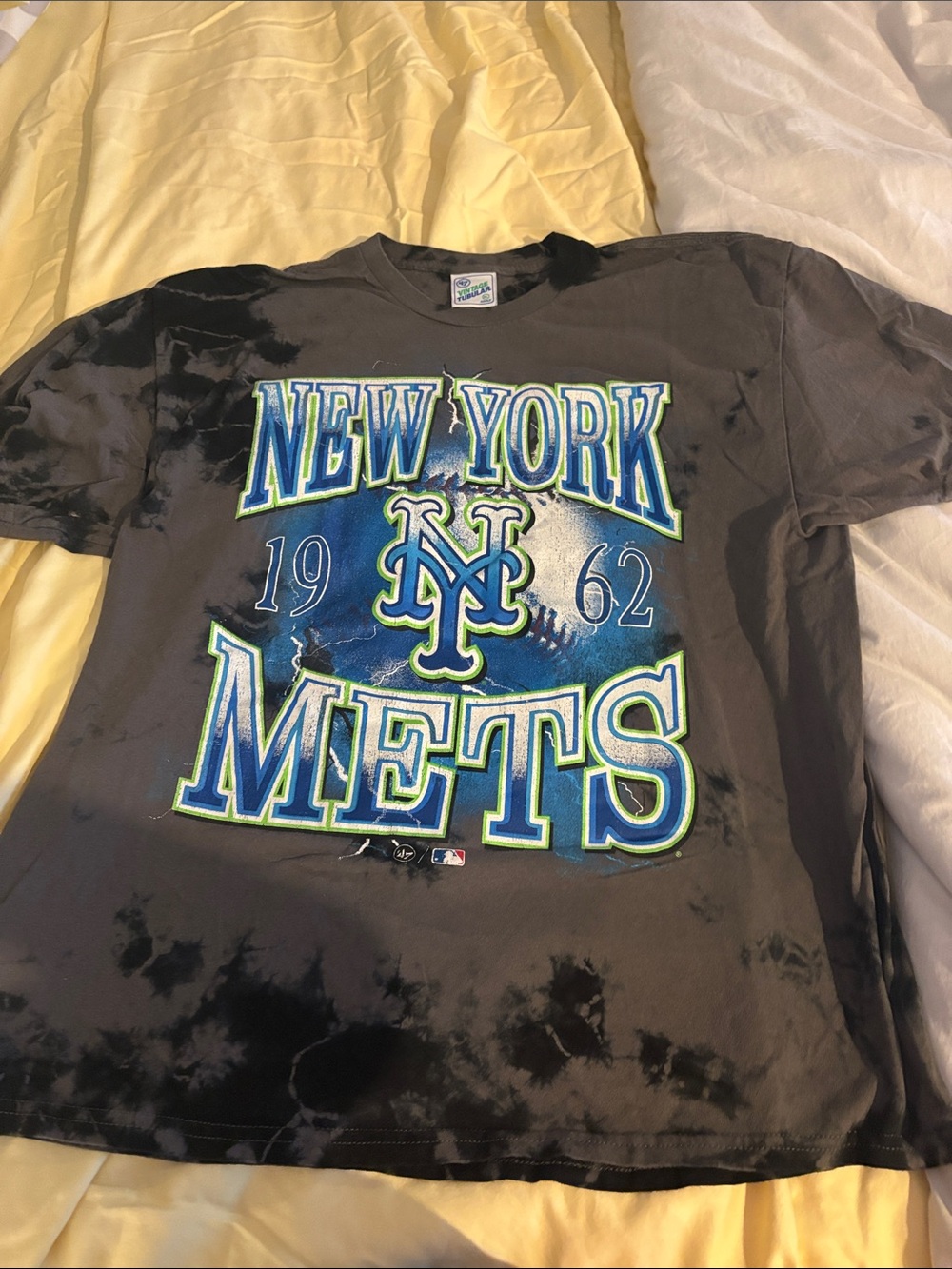 Vintage New York Mets Black Tie-Dye Long Sleeve Tee with Blue and Green Logo
